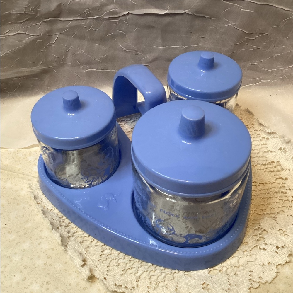 Vintage Round the Clock with Baby Blue Glass Jars Bath Set 1950s *Chip*